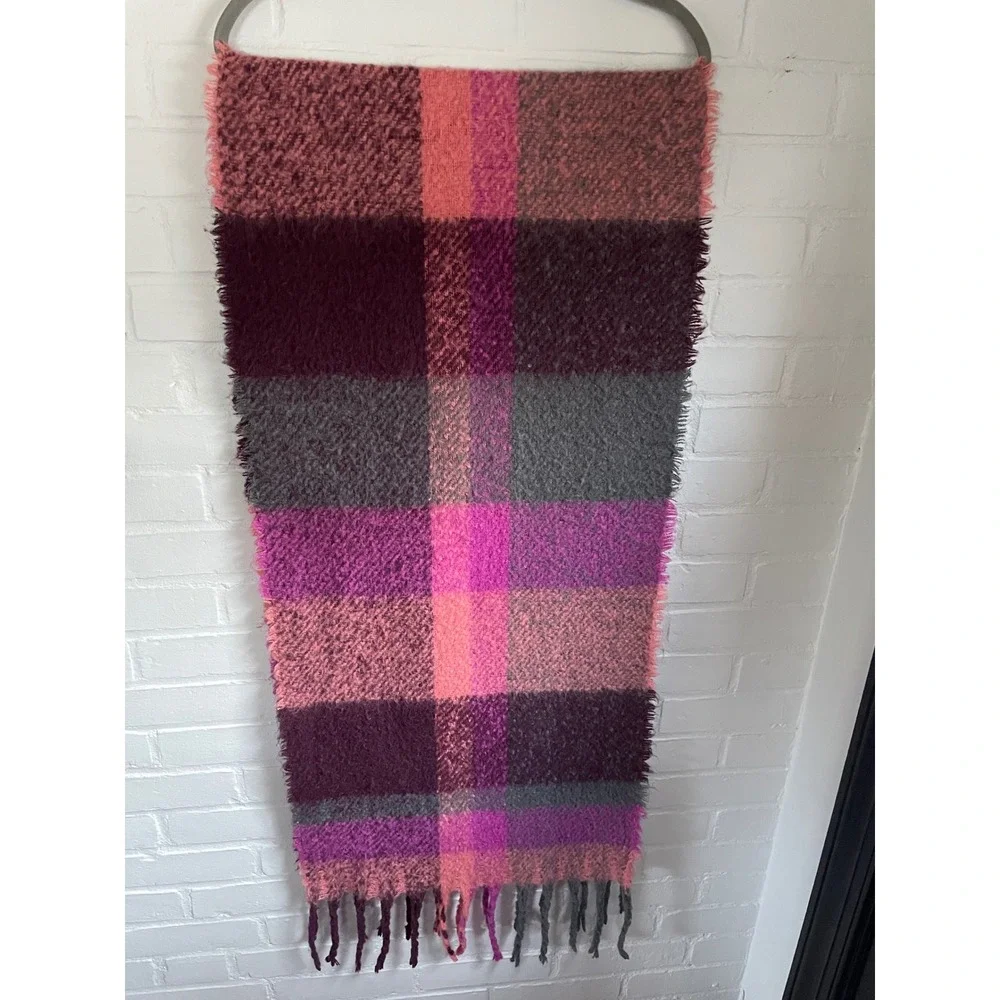Juicy Couture Plaid Fringe Blanket Scarf Cozy‎ Soft Purple Pink Gray One Size